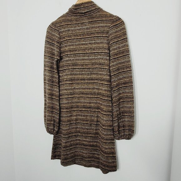 Sweater Dress Vintage Cowl Neck Long Sleeves Lightweight Brown Neutrals Stripes - Picture 7 of 11